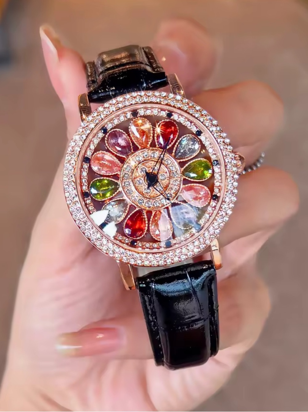 Crystal Petal Multi-Color Dial Women's Watch with Black Strap